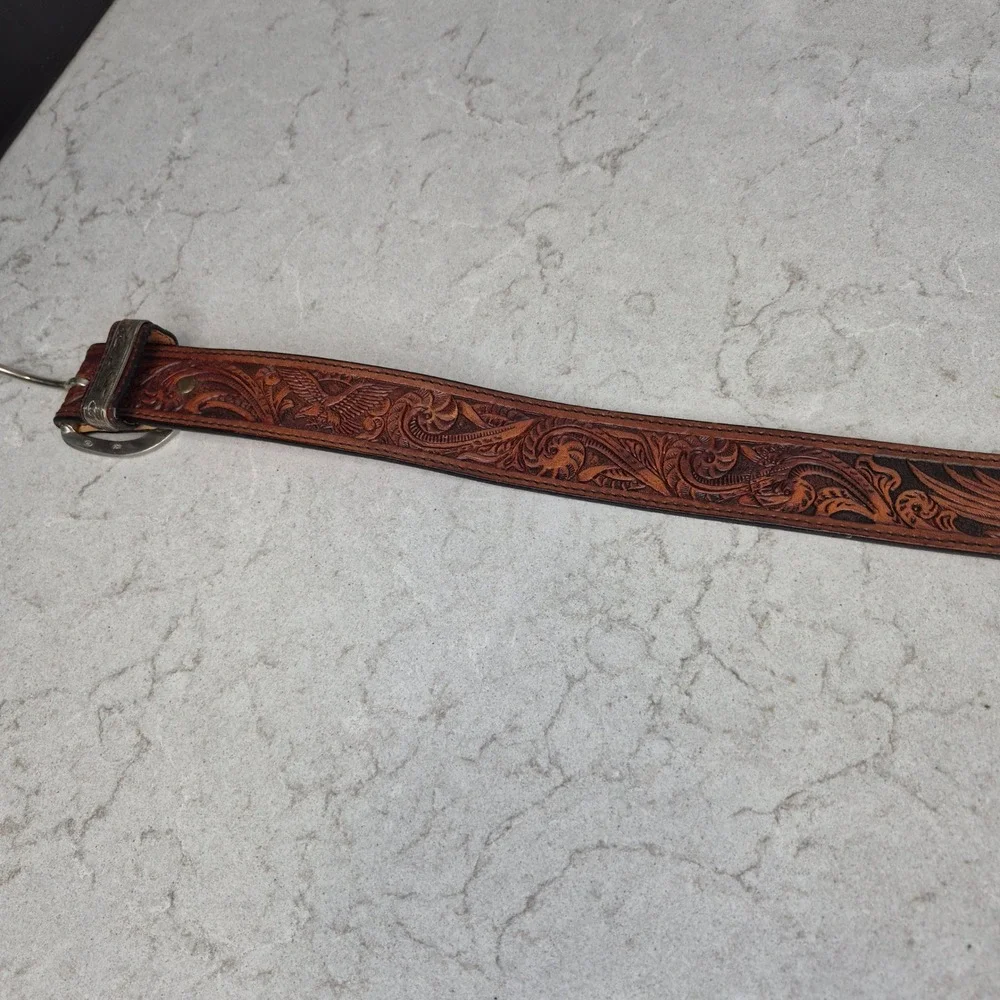 Silver Creek Belt Tooled Leather Eagle Tip 36 Brown Mens